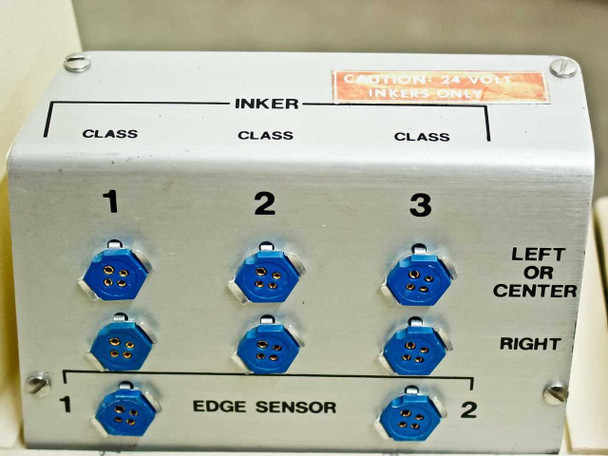 Inker connector panel — six blue multi-pin CLASS 1/2/3 inker connectors arranged in two rows with EDGE SENSOR ports 1 and 2; orange caution label reads 'CAUTION: 24 VOLT INKERS ONLY'