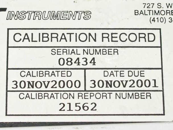 UDT S380 Optometer – calibration record sticker showing serial number 08434, calibrated 30NOV2000, date due 30NOV2001, calibration report number 21562