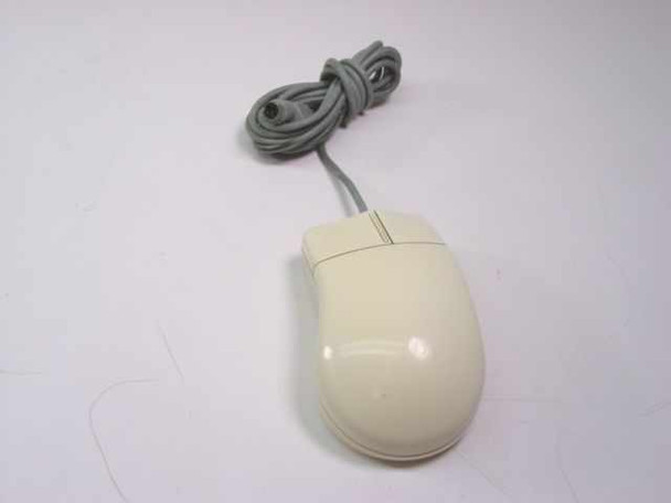 Microsoft 37966 PS/2 rollerball mouse – top/left side view showing beige housing and grey cable