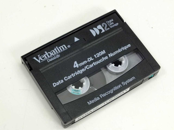 Verbatim DataLife DDS2 4mm DL 120M Data Cartridge tape removed from case, front showing Media Recognition System label