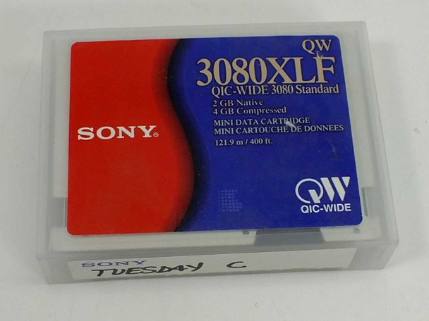 Sony QW-3080XLF QIC-Wide mini data cartridge in clear plastic case — front label showing 2GB native, 4GB compressed, 400ft