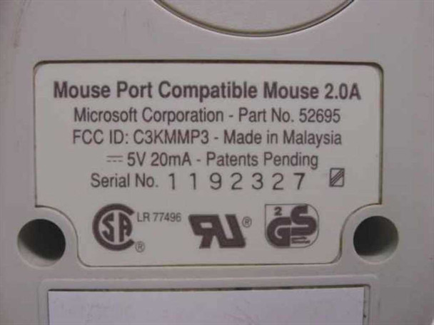 Microsoft 52695 mouse – bottom label showing part number, FCC ID C3KMMP3, 5V 20mA rating, and serial number