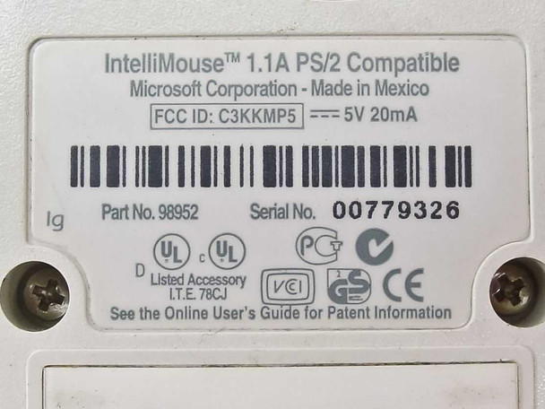 Microsoft IntelliMouse 98952 bottom label showing Part No. 98952, Serial No. 00779326, FCC ID C3KKMP5, 5V 20mA, Made in Mexico