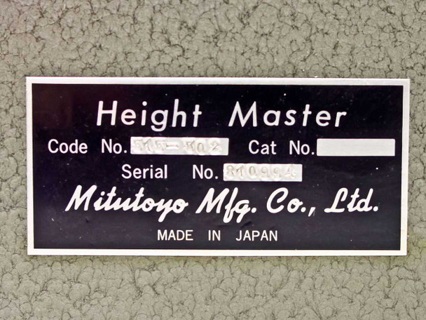 Mitutoyo Height Master identification label showing Code No. 515-302, Made in Japan, Mitutoyo Mfg. Co. Ltd.