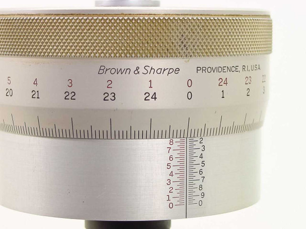 Brown & Sharpe 583 Hite-Set — close-up of micrometer drum head showing dual graduated vernier scales and 'Brown & Sharpe Providence R.I. USA' engraving