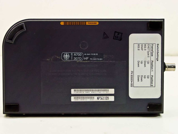 Intel NetportExpress XL 309304 — bottom label showing part number 309304-002, reference 302176-001, frame-type dip switch settings chart, and serial number barcode