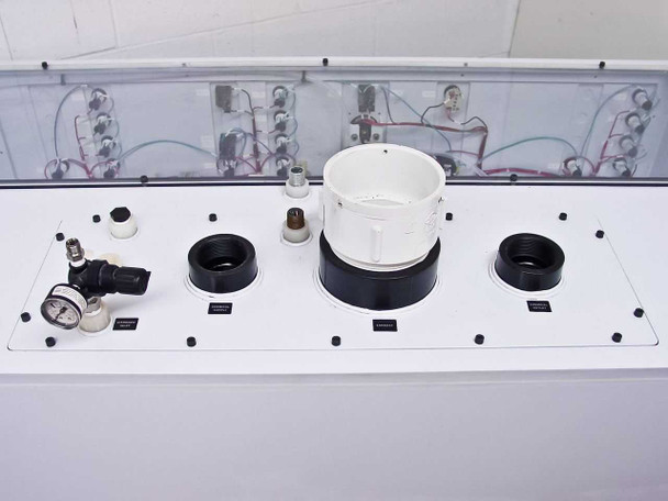 Top panel of FSI ChemFill cabinet showing pressure regulator with gauge, nitrogen inlet fitting, power inlet, and labeled connection ports