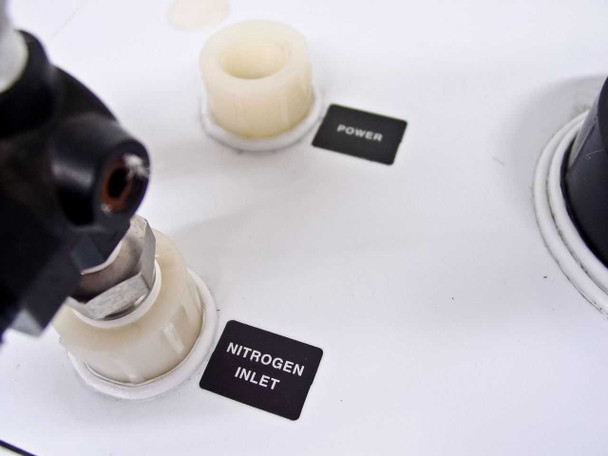 Close-up of top panel fittings on FSI ChemFill cabinet showing Nitrogen Inlet labeled port, Power connection, and adjacent fittings