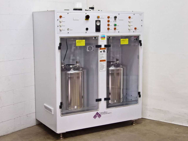 FSI ChemFill Chemical Canister Module Delivery System front view showing dual stainless steel tanks behind clear acrylic doors with top control panel