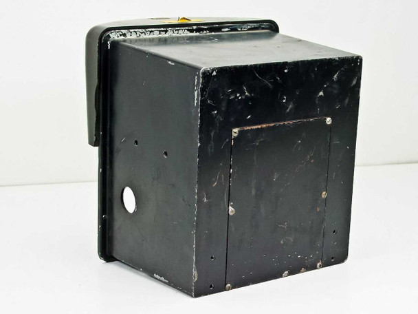 Wheelco Model 402 temperature meter rear and side view showing black painted metal enclosure with significant scratching and paint wear, rear access panel with two screws