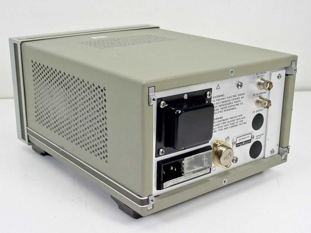 HP 436A Power Meter rear panel view showing ventilation slots, BNC output connector, IEEE-488 GPIB interface port, and warning labels