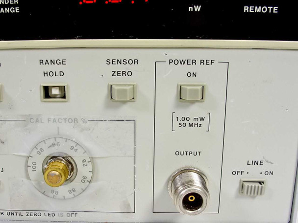 HP 436A Power Meter front panel detail showing Range Hold, Sensor Zero, Power Ref ON button, 1.00 mW 50 MHz reference output, and LINE switch