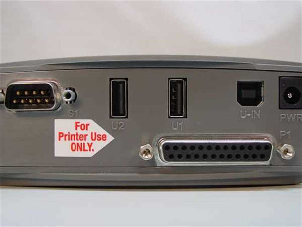 Entrega HUB2U1S1P — rear panel showing DB9 serial port (S1), two USB-A ports (U2, U1), USB-B upstream port (U-IN), DB25 parallel port (P1 — For Printer Use Only sticker), and power connector