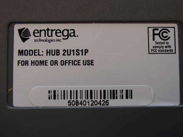Entrega HUB2U1S1P — bottom label showing model number HUB2U1S1P, Entrega Technologies Inc., FOR HOME OR OFFICE USE, FCC compliance mark, and barcode 50840120426