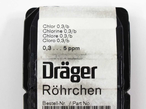 Drager Röhrchen Chlorine 0.3/b detector tube pack closeup — label reading Chlorine 0.3/b, 0.3–5 ppm, Drager brand