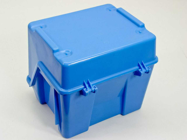 Fluoroware E124-60 Robox blue wafer case closed — front/side view showing latch tab and case body construction