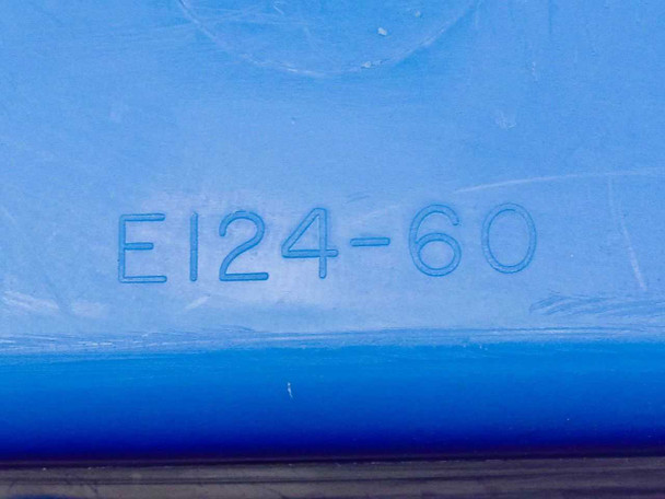 Close-up of E124-60 model number molded into the blue plastic body of the Fluoroware Robox wafer case