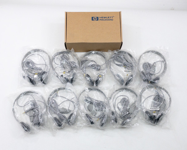 HP LT-100 5182-3552 headphones — all 10 units fanned out in individual bags with HP box in background