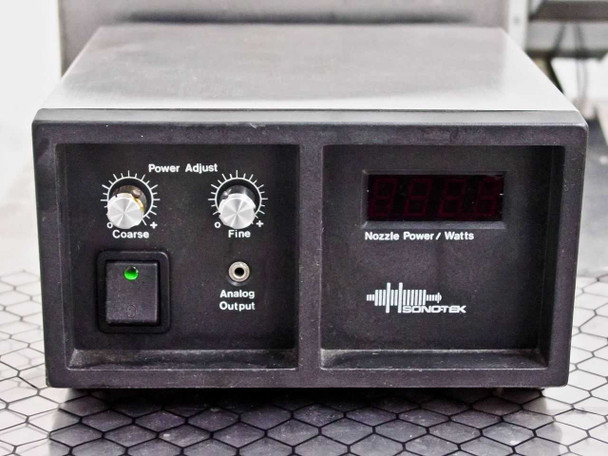 Sonotek spray nozzle power controller front panel showing Coarse and Fine power adjust knobs, Analog Output jack, power switch with green LED, and Nozzle Power/Watts digital display