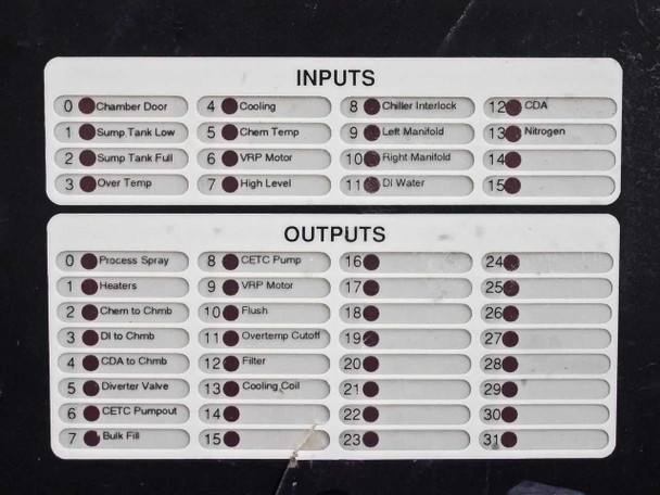 ITS Microprocessor Control Center I/O reference label showing Inputs (Chamber Door, Sump Tank, Cooling, Chem Temp, VRP Motor, High Level, Chiller Interlock, Left/Right Manifold, DI Water, CDA, Nitrogen) and Outputs (Process Spray, Heaters, Chem/DI/CDA to Chamber, Diverter Valve, CETC Pump, VRP Motor, Flush, Overtemp Cutoff, Filter, Cooling Coil, Bulk Fill)