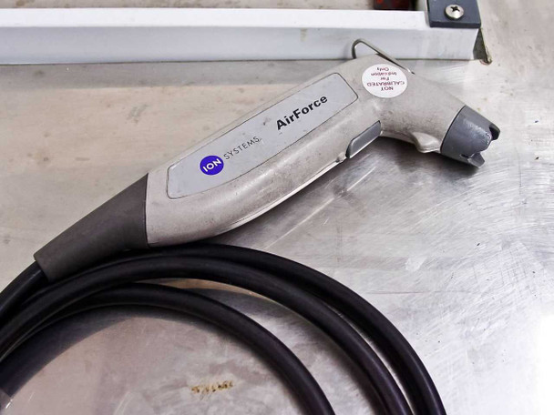 Ion Systems AirForce ionizer nozzle/gun with hose attached, showing Ion Systems logo and Not Calibrated sticker