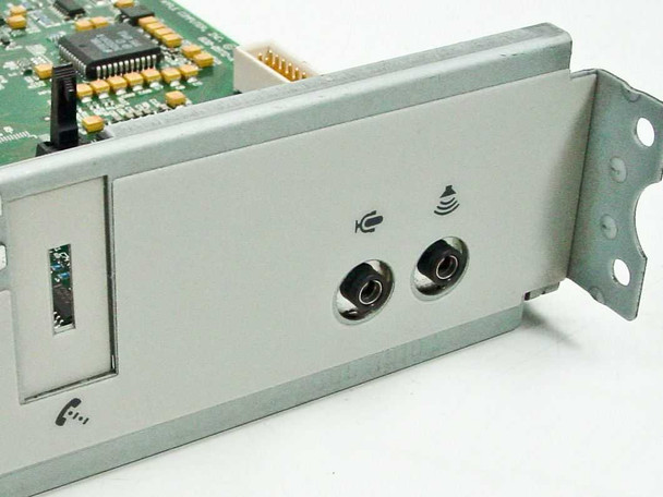 Apple 820-0972-A Sound Card rear bracket close-up – two 3.5mm audio jacks (line-in and line-out/headphone) with audio icons, and modem port at left