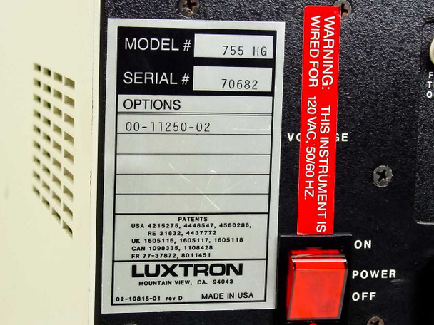 Luxtron 755 HG rear label close-up – Model 755 HG, Serial 70682, Option 00-11250-02, Luxtron Mountain View CA, Made in USA, wired for 120VAC 50/60Hz