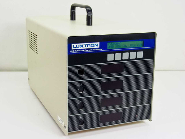 Luxtron 755 HG Multichannel Fluoroptic Thermometer – front three-quarter view showing beige enclosure with carry handle, LCD display, four channel display windows, and front-panel control knobs