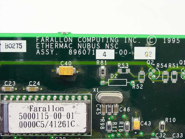 Farallon EtherMac NuBus NSC close-up of board label reading 'FARALLON COMPUTING INC. © 1995, ETHERMAC NUBUS NSC, ASSY. 896071 4-00-02' and sticker 5000115-00-01