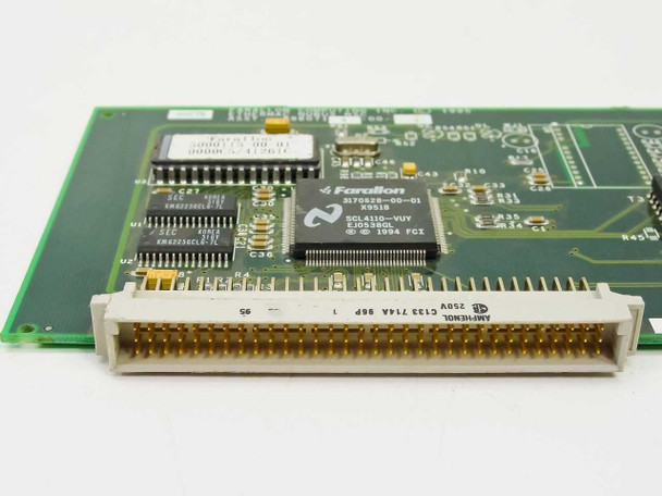 Farallon EtherMac NuBus adapter — close-up of main Farallon controller IC (870825-00-01, SCL4110-VUY) and NuBus gold-finger edge connector