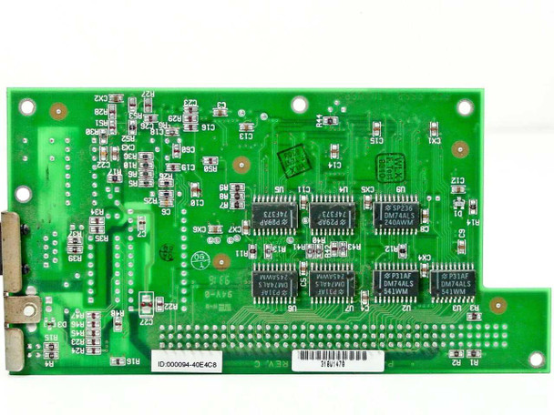 Asante MacLC III Ethernet card — solder-side (bottom) view showing logic ICs, DM74ALS chips, and MAC address label ID:000094-40E4C8