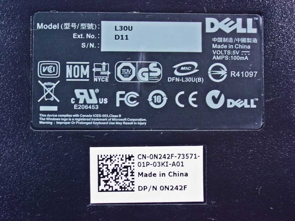 Dell L30U keyboard label showing Model L30U, Ext. No. D11, DP/N 0N242F, 5V 100mA, Made in China