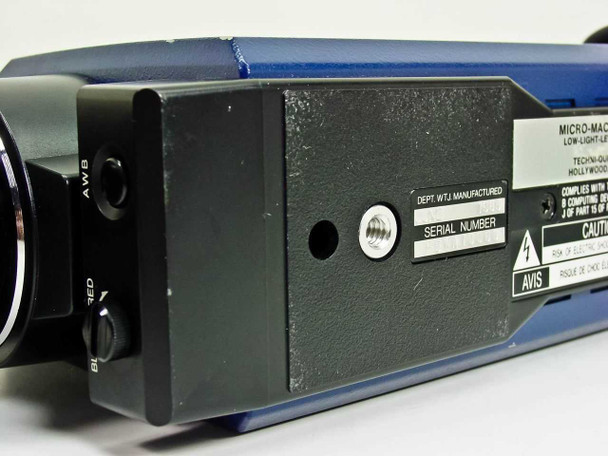 RCA TC5002 Micro-Mac Chroma camera bottom/side label showing Techni-Quip Micro-Mac Low-Light branding, serial number plate, and caution markings