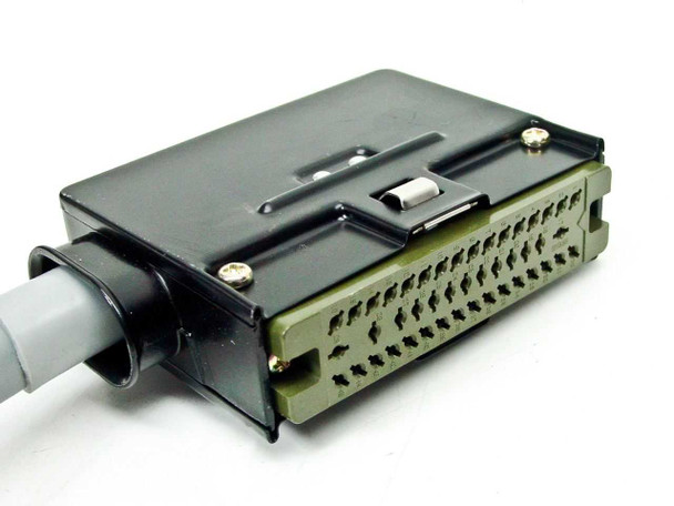 Rear view of JAE DD-C1-J17 metal-shell rectangular connector showing pin field and latching mechanism detail