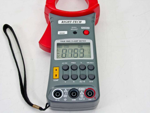Right-Tech 53341 True RMS Clamp Meter front panel view showing TEMP jack, function buttons, and LCD reading 0183