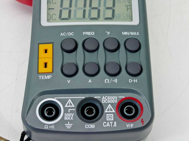 Right-Tech 53341 clamp meter lower panel close-up showing AC600V DC600V CAT II input jacks and TEMP connector