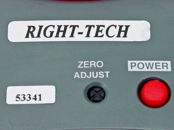 Right-Tech 53341 model label and top panel showing ZERO ADJUST trim pot and red POWER button