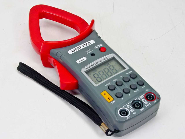Right-Tech 53341 True RMS Clamp Meter front view showing red jaw clamp, gray body, LCD display, and keypad