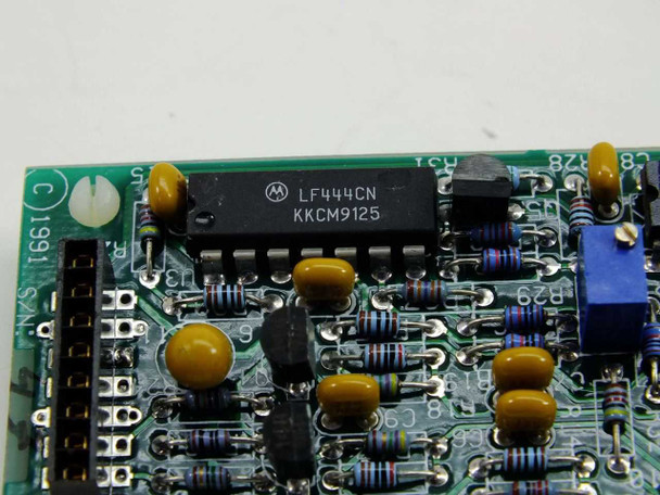 Guzik 8021 filter board — close-up of Motorola LF444CN quad op-amp IC and surrounding passive components, with 1991 copyright mark visible