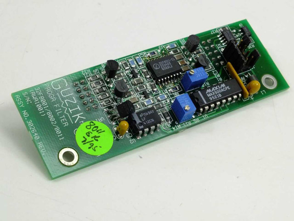 Guzik 32F8001/8002/8011 RWA1001 Program Filter PCB 302640 — angled top view showing component side with blue trim pots and Maxim IC
