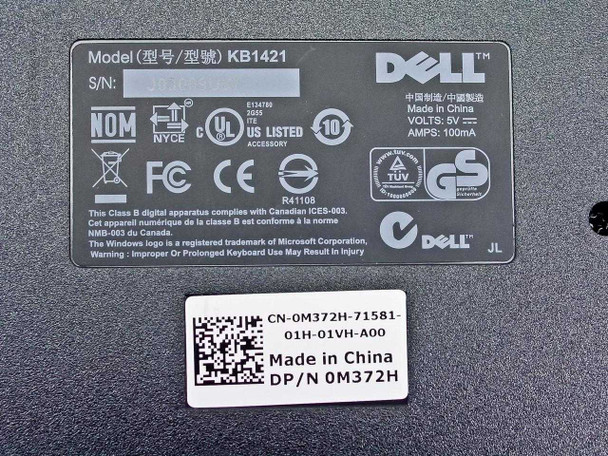 Dell KB1421 bottom label showing Model KB1421, DP/N 0M372H, Made in China, 5V 100mA, FCC/CE/UL/TUV certifications