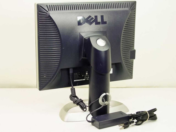 Dell 2001FP rear view — Dell logo on back panel, height-adjustable stand, external power adapter and cable attached