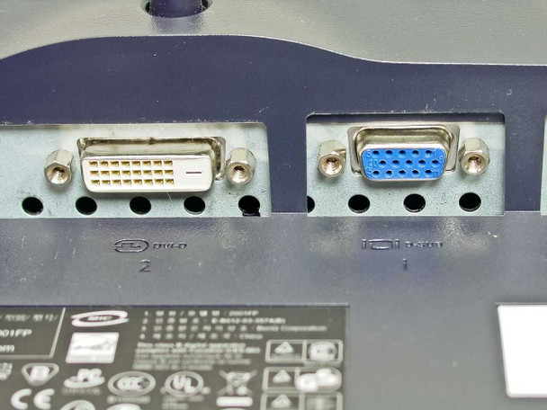 Dell 2001FP rear I/O panel close-up — DVI-D port and VGA HD-15 (blue) port with model label showing 2001FP and BenQ Corporation