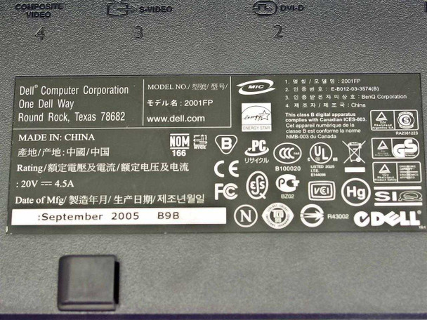 Dell 2001FP rating plate label — Model 2001FP, 20V 4.5A, Date of Manufacture September 2005, Rev B9B, BenQ Corporation, Made in China