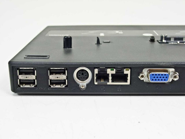 Lenovo ThinkPad Mini Dock – rear port close-up showing four USB 2.0 ports, PS/2 port, dual RJ-45/RJ-11 ports, and VGA connector