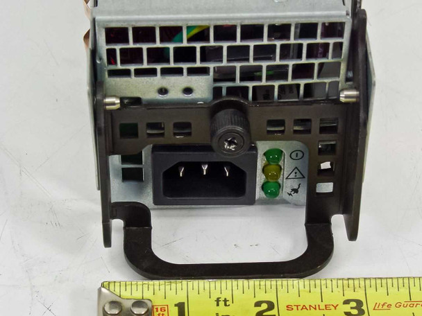 Dell GD419 power supply — AC inlet end close-up with ruler showing IEC C14 inlet and green/yellow status LEDs
