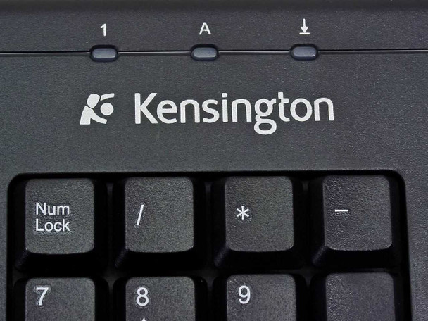 Kensington Keyboard for Life — close-up of Kensington logo and three LED indicator lights (Num Lock, Caps Lock, Scroll Lock)