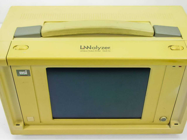 Novell LNalyzer BSI lunchbox PC — top-front close-up showing 'LNalyzer LAN Packet Sniffer Novell Inc.' branding and BSI badge