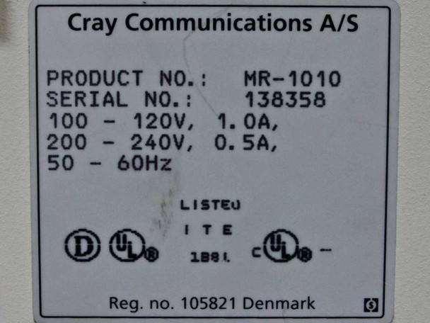 Cray Communications MR-1010 rating label showing Product No. MR-1010, Serial No. 138358, 100-120V 1.0A / 200-240V 0.5A, UL Listed, Denmark