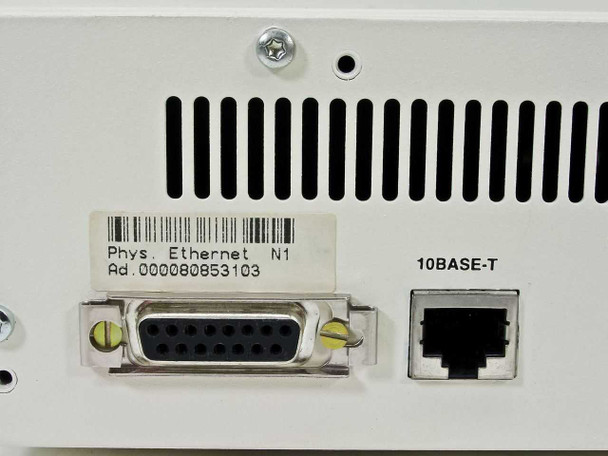 Rear panel close-up of MR-1010 showing 10BASE-T RJ-45 port and DB25 LAN connector with Ethernet address label